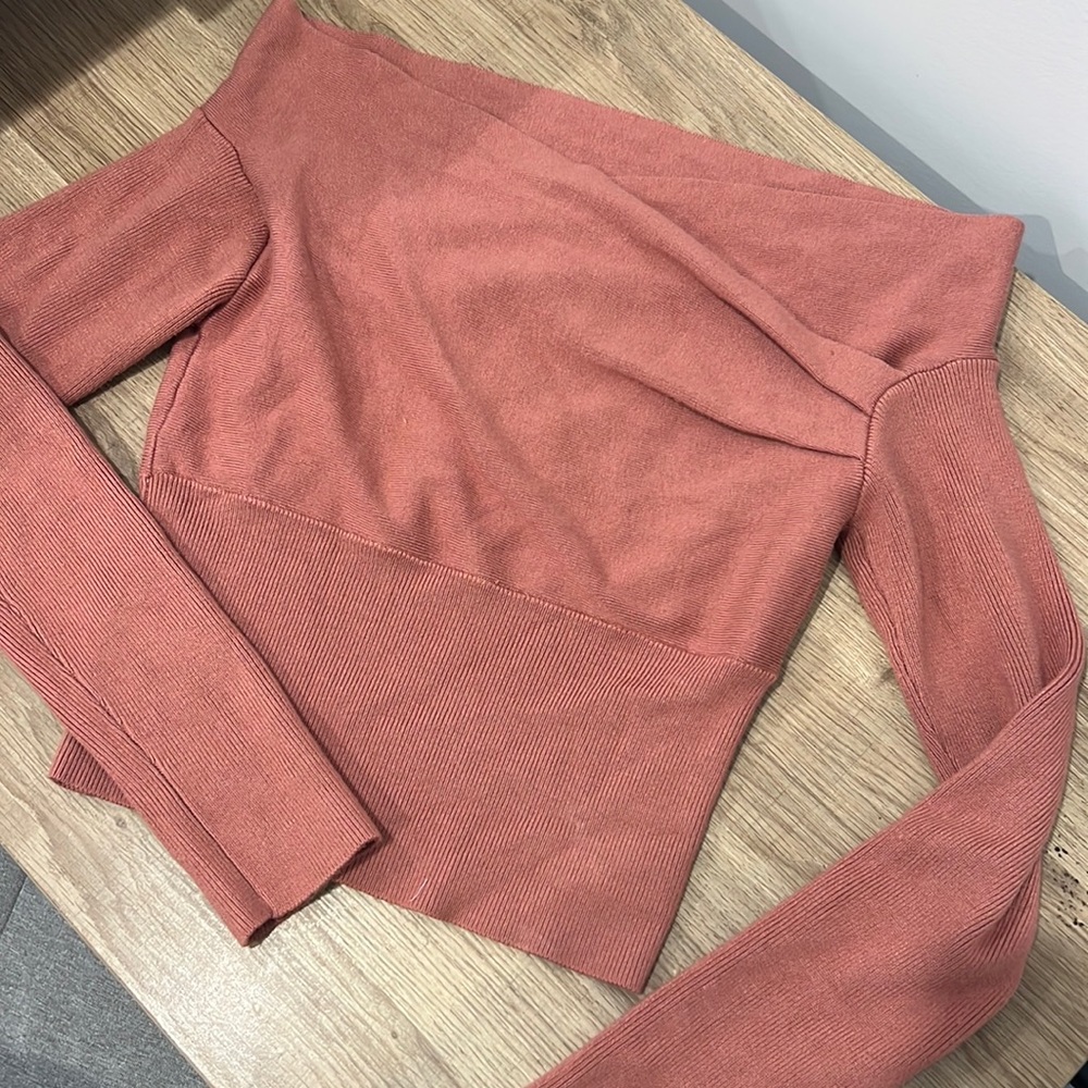 Pink Off the Shoulder criss cross neckline sweater